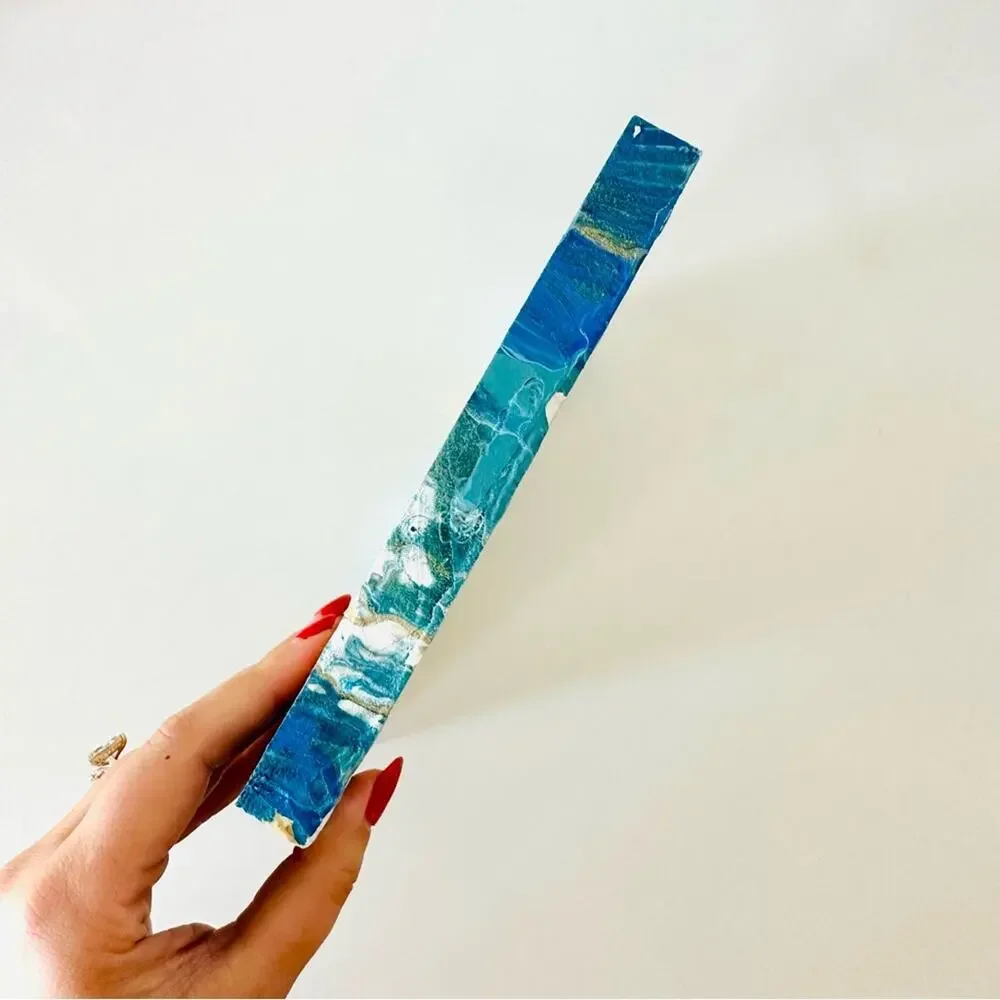 Metallic Gold White Turquoise Blue Abstract Painting Original Art Wood Square